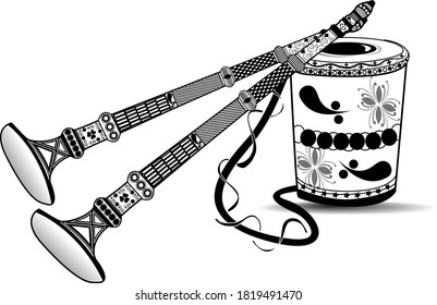 Hindu Wedding Card Design Element vector illustration. In Indian Marriage using traditional musical instruments. Indian wedding Traditional shehnai and dhol vector black and white illustration lineart