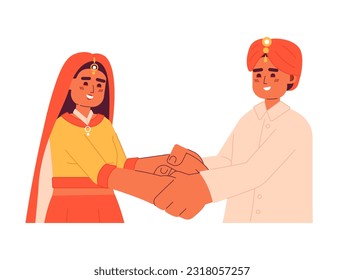 Pareja de bodas hindú sosteniendo manos de personajes vectoriales de color semi-plano. Feliz novio y novia indio. Medio cuerpo editable en blanco. Ilustración simple de dibujos animados para el diseño gráfico web