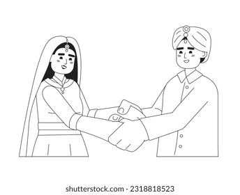 Hindu wedding couple holding hands monochromatic flat vector characters. Happy indian groom and bride. Editable thin line half body people on white. Simple bw cartoon spot image for web graphic design