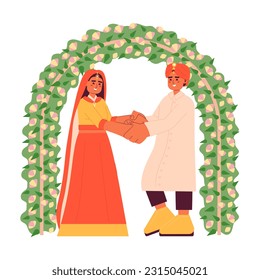 Hindu wedding flat concept vector spot illustration. Indian groom and bride 2D cartoon characters on white for web UI design. Traditional arranged marriage isolated editable creative hero image