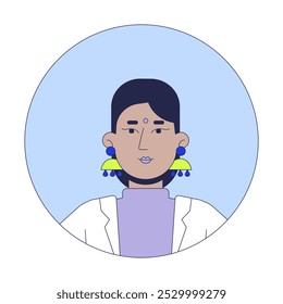 Mujer hindú con bindi 2D ilustración de avatar de Vector lineal. Señora india con aretes étnicos de dibujos animados retrato de la cara del personaje. Cabeza y hombros. Imagen de color plana del perfil del usuario del marco redondo aislada