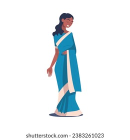 Hindu Woman Character in National Sari Costume in Standing Pose Vector Illustration