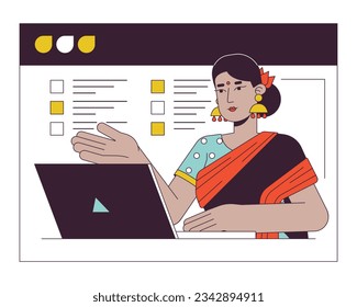 Hindu woman on web conferencing flat line concept vector spot illustration. Indian lady in online screen 2D cartoon outline character on white for web UI design. Editable isolated color hero image