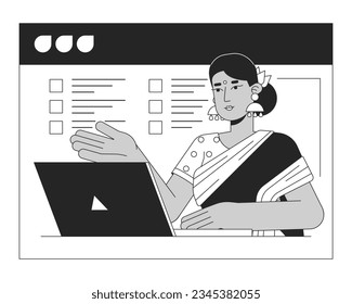 Hindu woman on web conferencing bw concept vector spot illustration. Indian lady in online screen 2D cartoon flat line monochromatic character for web UI design. Editable isolated outline hero image