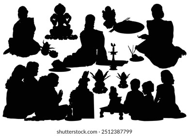 Hindu woman praying silhouettes. Concept of religious rituals. Chhath Puja festival Goddess Lakshmi on Diwali. Indian family worshipping Lord Ganesha Chaturthi with pooja thali and kalash vector.