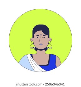 Hindu woman in saree dress 2D linear vector avatar illustration. Indian female sari traditional cartoon character face portrait. Corporate south asian lady flat color user profile image isolated