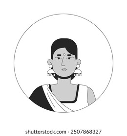 Hindu woman in saree dress black and white 2D vector avatar illustration. Indian female sari traditional outline cartoon character face isolated. Corporate casual flat user profile image portrait