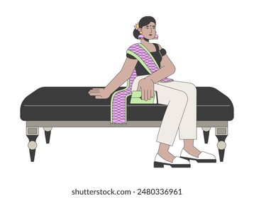 Hindu woman taking rest on museum seating 2D linear cartoon character. Indian lady in indo western clothing isolated line vector person white background. Relaxing on bench color flat spot illustration