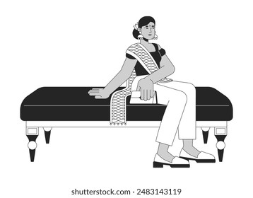 Hindu woman taking rest on museum seating black and white 2D line cartoon character. Indian lady in indo western isolated vector outline person. Relaxing on bench monochromatic flat spot illustration