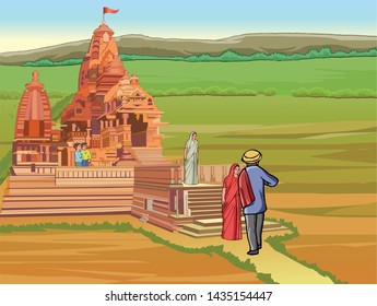 Hindu Worship  Temple in Village - Vector Drawing 