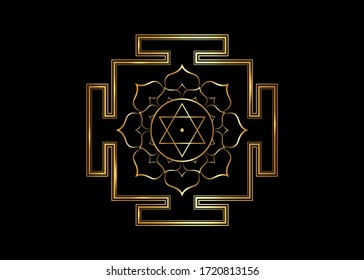 diagrama sagrado del hinduismo Bhuvaneshwari yantra Prakriti, estrella de 6 puntas. Oro Yantra Dasa Mahavidya geometría sagrada Mandala divina, ilustración vectorial bhupura lotus pétalos aislados en fondo negro 