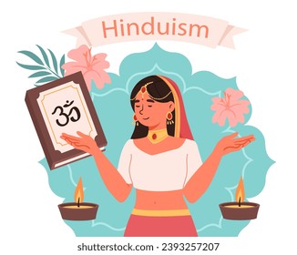 Hinduism girl concept. Woman in red cape with traditional indian books and candles with pink flowers. Traditions and culture, religion. Cartoon flat vector illustration isolated on white background