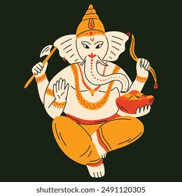 Hinduism god Ganesha vector illustration in hand-drawn cartoon modern flat groovy funky style, Indian festival Ganapathi, Happy Lord Ganesha Chaturthi design concept invitation card, social media post