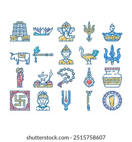 Dioses hindúes Iconos de Doodle de OM Vector Conjunto de dibujos Arte India Krishna, escultura India, Señor de la estatua, religión Visnu, deidad védica Hinduismo Dioses hindúes Ilustraciones a color de OM