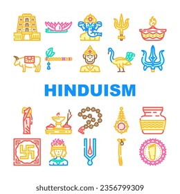 hinduism hindu god om icons set vector. india krishna, sculpture indian, statue lord, vishnu religion, vedic deity hinduism hindu god om color line illustrations