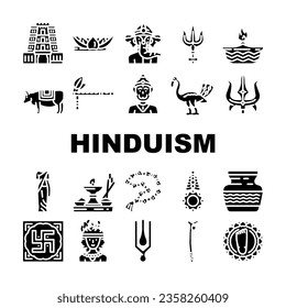 hinduism hindu god om icons set vector. india krishna, sculpture indian, statue lord, vishnu religion, vedic deity hinduism hindu god om glyph pictogram Illustrations