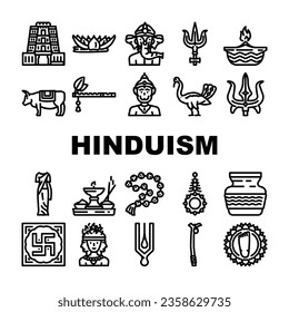 hinduism hindu god om icons set vector. india krishna, sculpture indian, statue lord, vishnu religion, vedic deity hinduism hindu god om black contour illustrations