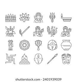 hinduism india hindu god religion icons set vector. indian lord statue, om ganesha, vishnu ganesh, krishna idol, religious hinduism india hindu god religion black contour illustrations