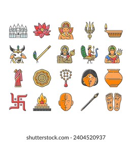 hinduism india hindu god religion icons set vector. indian lord statue, om ganesha, vishnu ganesh, krishna idol, religious hinduism india hindu god religion color line illustrations