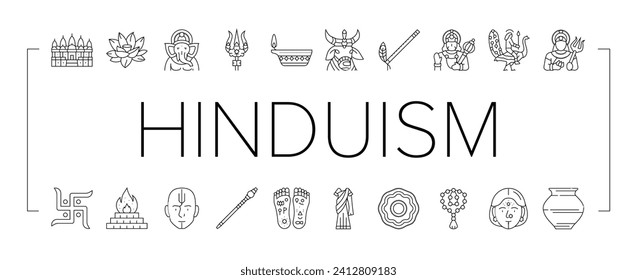 hinduism india hindu god religion icons set vector. indian lord statue, om ganesha, vishnu ganesh, krishna idol, religious hinduism india hindu god religion black line illustrations