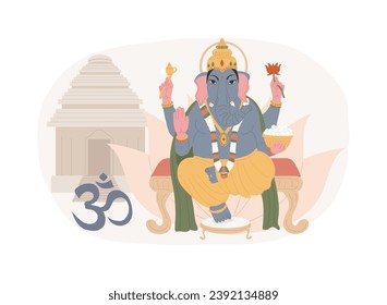 Hinduism isolated concept vector illustration. Indian oldest religion and dharma, god vishnu ganesh, lord shiva krishna, symbol of hinduism, om sacred mantra, lotus feet, diwali vector concept.