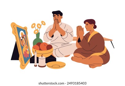 Hinduism religion. Indians sit on the floor, prays. Religious people recite prayers to Durga Puja. Hindus' belief, faith. Indian sacred ritual. Flat isolated vector illustration on white background