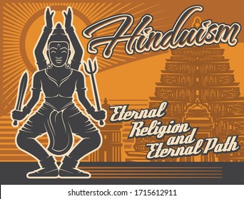 Hinduism religion, vector vintage poster, Shiva deity god and Hindu temple shrines. Hinduism religious culture, dharma teaching and mediation, spiritual awakening and mind enlightenment philosophy