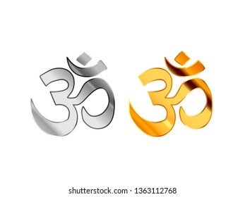 Hinduism religious signs made from glossy silver and gold metall isolated on white