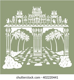 Hinduism temple gate shape. Clip art image for unique design of travel tour promotion, vintage post card, invitation, web, greeting, banner, poster, ticket, flyer, template, booklet, leaflet, brochure