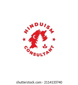 hinduism temple silhouette with moon and leaves logo stamp. Vector illustration