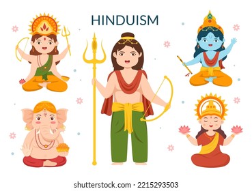 Hinduism of Various Indian God Flat background Cartoon Hand Drawn Templates Illustration