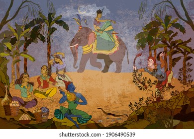 Hinduism. Vishnu and Shiva. Dancing goddesses in the jungle. Gods of India. Ancient frescoes. Traditional indian mural paintings style. Old Asian culture. Mythology, tradition and history. Religion 