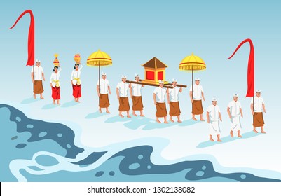 Hindus on Indonesia's island of Bali walk to the beach to perform  purification ceremony of Melasti.