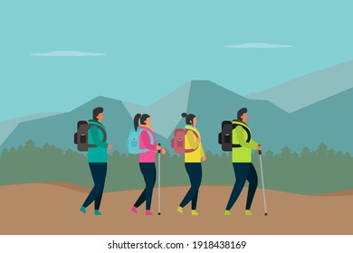 Concepto de vector de hing: Grupo de adolescentes caminando juntos por la montaña mientras llevan la mochila