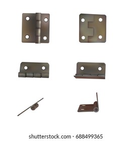 Hinge for doors vector illustration. Set of brass or bronze industrial ironmongery. Mechanism for retro style furniture.