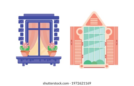 Hinged or Sash Window with Shutters and Flower Pot Rested on Sill Vector Set.