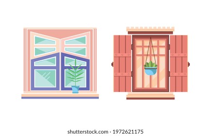 Hinged or Sash Window with Shutters and Flower Pot Rested on Sill Vector Set.