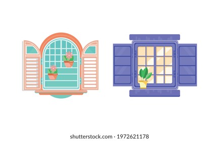 Hinged or Sash Window with Shutters and Flower Pot Rested on Sill Vector Set.