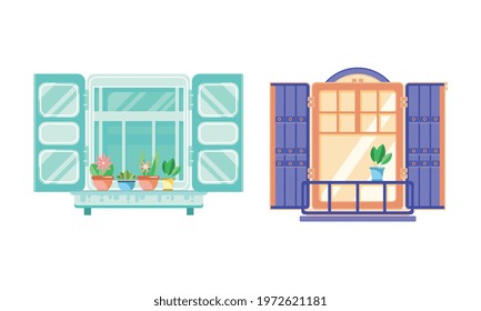 Hinged or Sash Window with Shutters and Flower Pot Rested on Sill Vector Set.