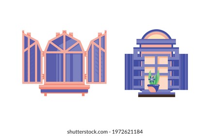 Hinged or Sash Window with Shutters and Flower Pot Rested on Sill Vector Set.