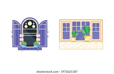 Hinged or Sash Window with Shutters and Flower Pot Rested on Sill Vector Set.