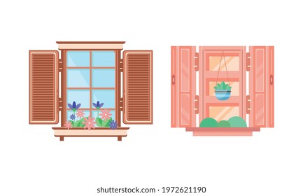 Hinged or Sash Window with Shutters and Flower Pot Rested on Sill Vector Set.