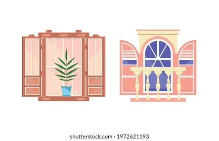 Hinged or Sash Window with Shutters and Flower Pot Rested on Sill Vector Set.