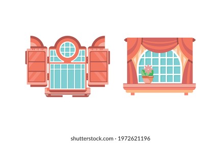 Hinged or Sash Window with Shutters and Flower Pot Rested on Sill Vector Set.