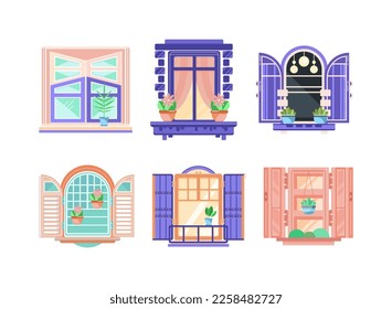 Hinged or Sash Window with Shutters and Flower Pot Rested on Sill Vector Set