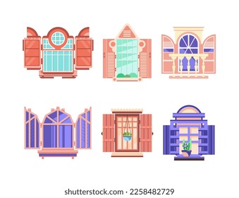 Hinged or Sash Window with Shutters and Flower Pot Rested on Sill Vector Set