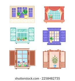 Hinged or Sash Window with Shutters and Flower Pot Rested on Sill Vector Set