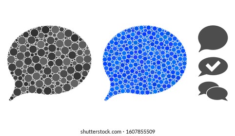Hint balloon composition of circle elements in variable sizes and color tints, based on hint balloon icon. Vector round elements are combined into blue composition.