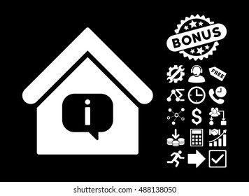 Hint Building icon with bonus elements. Vector illustration style is flat iconic symbols, white color, black background.