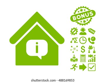 Hint Building icon with bonus icon set. Vector illustration style is flat iconic symbols, eco green color, white background.